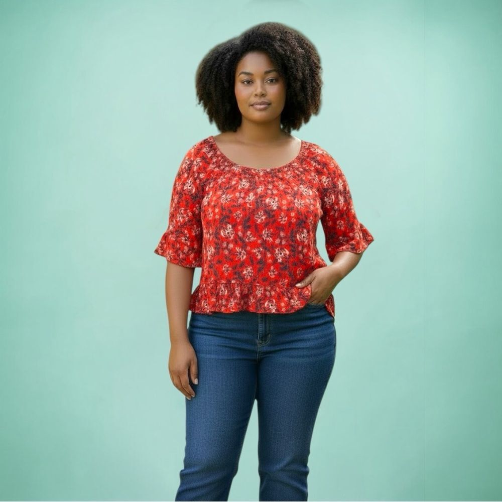 DEMOCRACY Red Floral Print Off Shoulder Neckline Short Sleeves Top Women Sz XL